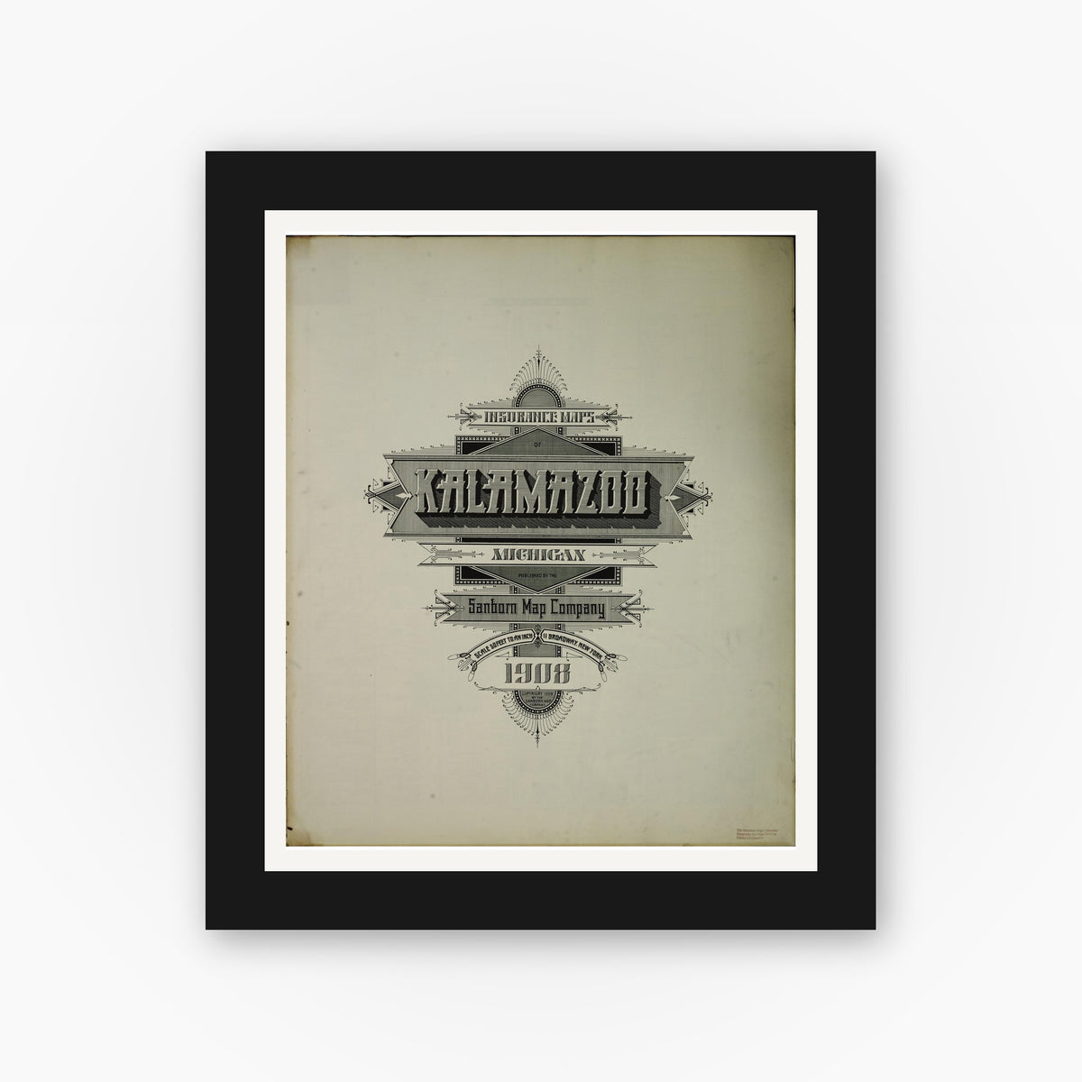 Old map wall art mockup — black gallery frame with white mat — Sanborn Fire Insurance Map from Kalamazoo, Kalamazoo County, Michigan (1908), Sheet #0001