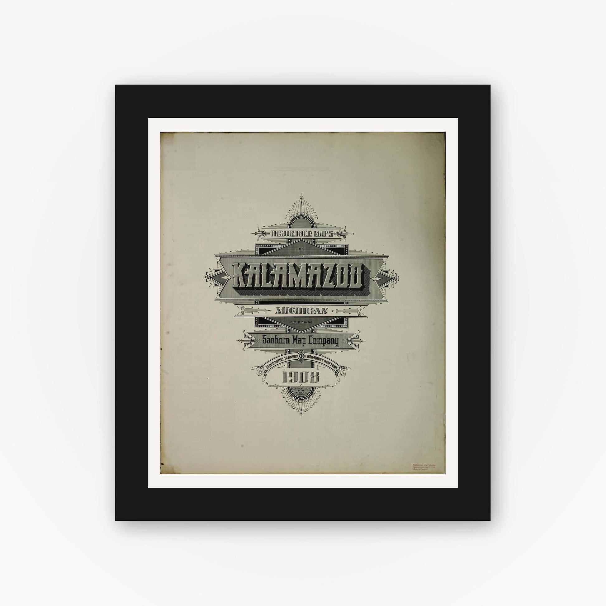 Old map wall art mockup — black gallery frame with white mat — Sanborn Fire Insurance Map from Kalamazoo, Kalamazoo County, Michigan (1908), Sheet #0001
