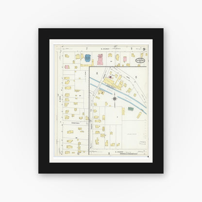 Old map wall art mockup — black gallery frame with white mat — Sanborn Fire Insurance Map from Fairport, Monroe County, New York (1909), Sheet #0009