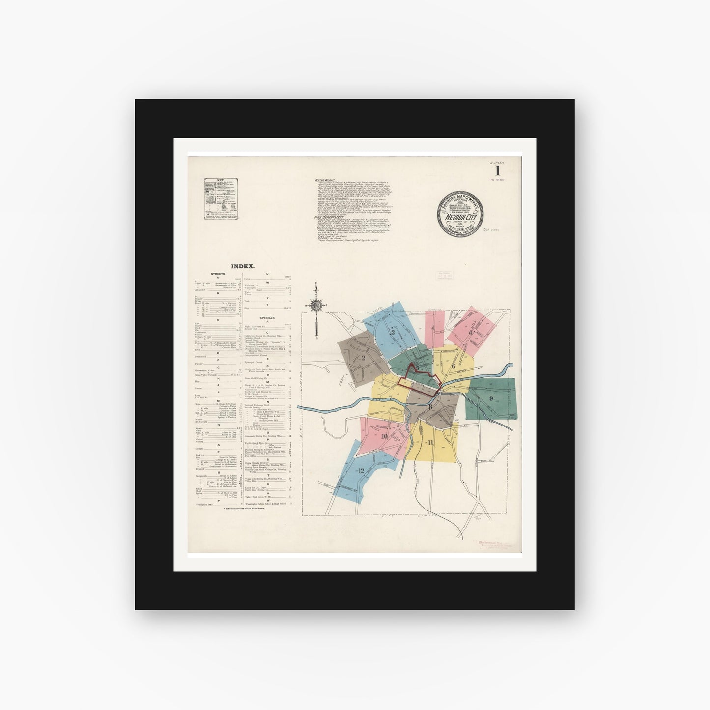 Old map wall art mockup — black gallery frame with white mat — Sanborn Fire Insurance Map from Nevada City, Nevada County, California (1912) - Complete Map Set