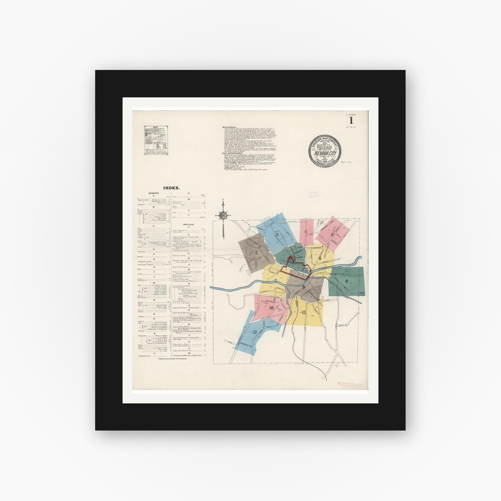 Old map wall art mockup — black gallery frame with white mat — Sanborn Fire Insurance Map from Nevada City, Nevada County, California (1912) - Complete Map Set