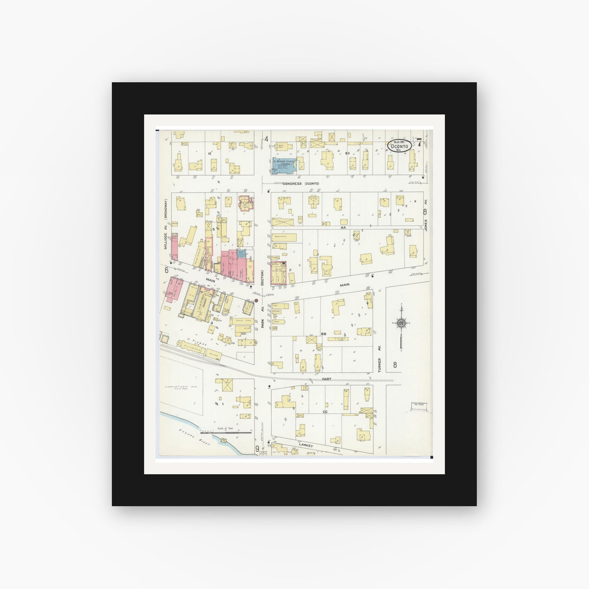 Old map wall art mockup — black gallery frame with white mat — Sanborn Fire Insurance Map from Oconto, Oconto County, Wisconsin (1911), Sheet #0007