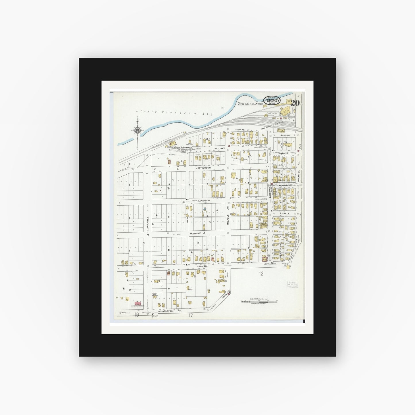 Old map wall art mockup — black gallery frame with white mat — Sanborn Fire Insurance Map from Petoskey, Emmet County, Michigan (1919), Sheet #0020