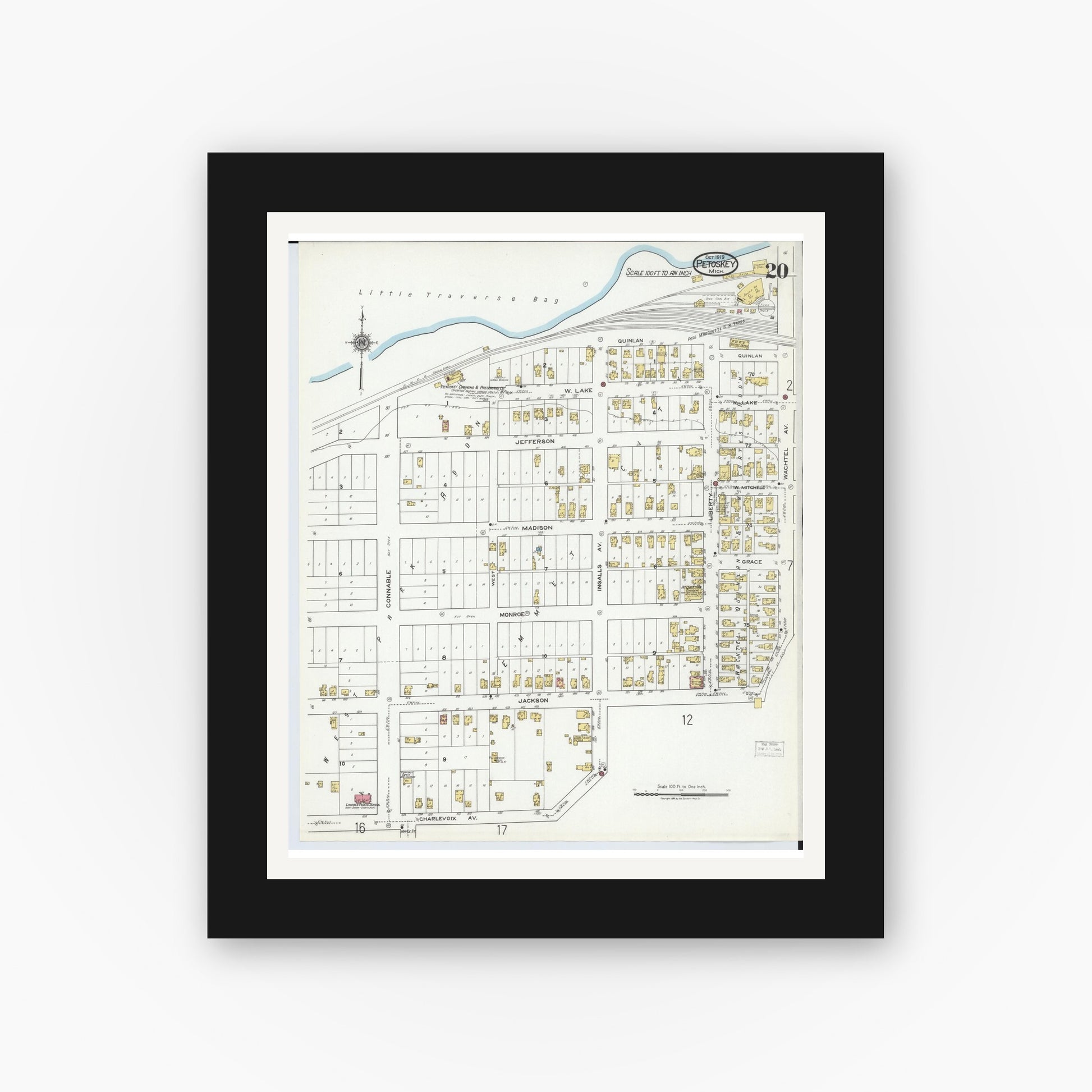 Old map wall art mockup — black gallery frame with white mat — Sanborn Fire Insurance Map from Petoskey, Emmet County, Michigan (1919), Sheet #0020