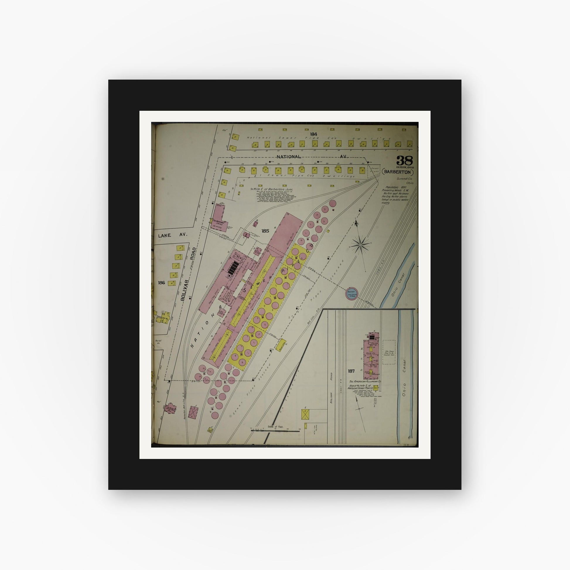 Old map wall art mockup — black gallery frame with white mat — Sanborn Fire Insurance Map from Akron, Summit County, Ohio (1892), Sheet #0038
