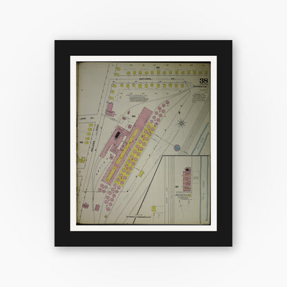Old map wall art mockup — black gallery frame with white mat — Sanborn Fire Insurance Map from Akron, Summit County, Ohio (1892), Sheet #0038