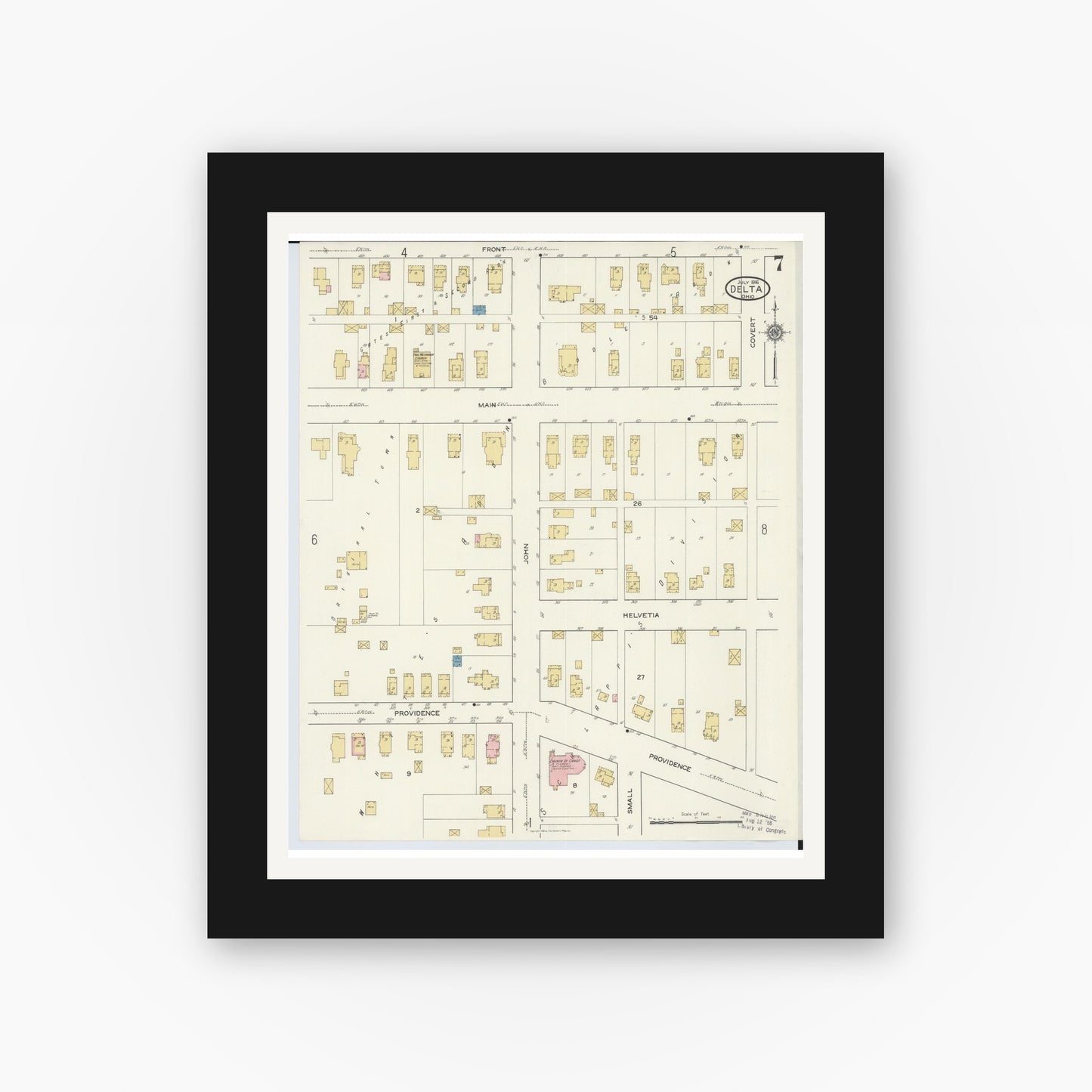 Old map wall art mockup — black gallery frame with white mat — Sanborn Fire Insurance Map from Delta, Fulton County, Ohio (1916), Sheet #0007