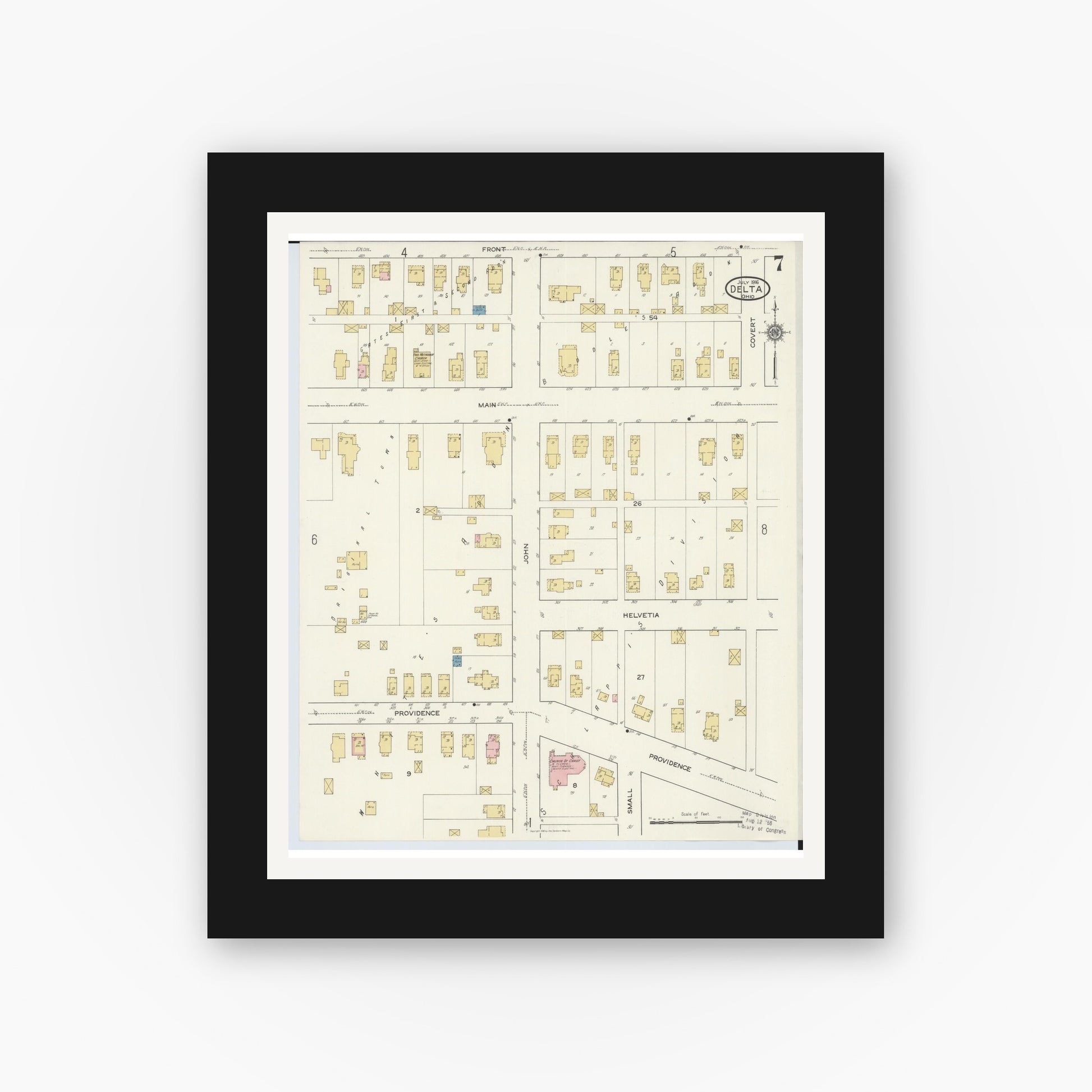 Old map wall art mockup — black gallery frame with white mat — Sanborn Fire Insurance Map from Delta, Fulton County, Ohio (1916), Sheet #0007