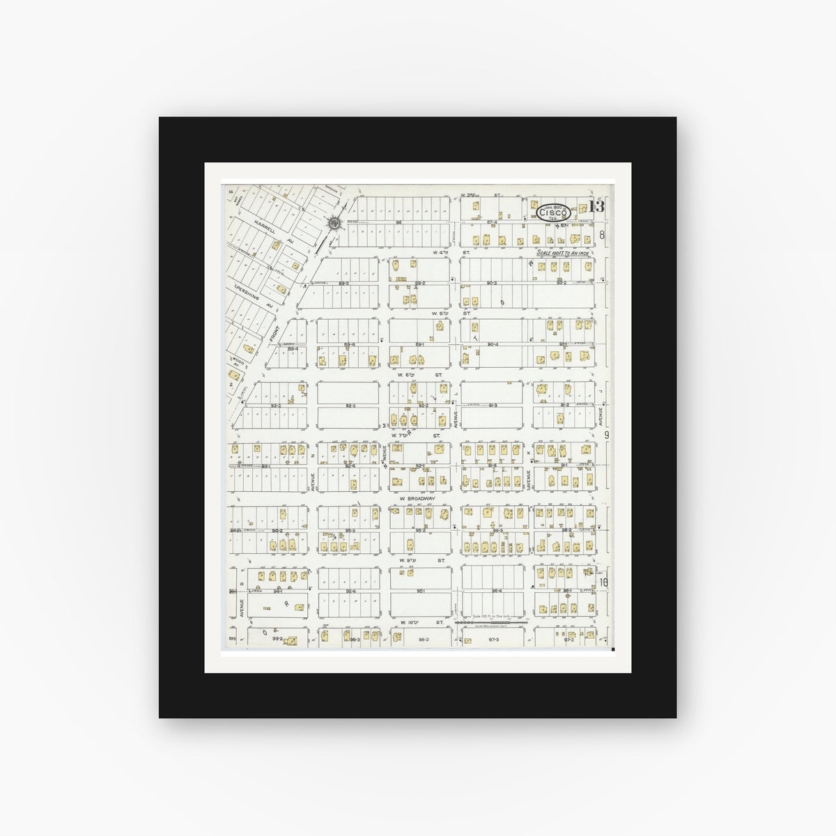 Old map wall art mockup — black gallery frame with white mat — Sanborn Fire Insurance Map from Cisco, Eastland County, Texas (1920), Sheet #0013