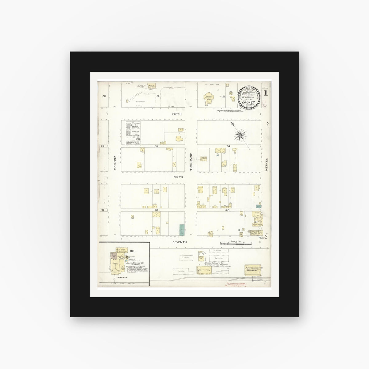 Old map wall art mockup — black gallery frame with white mat — Sanborn Fire Insurance Map from Fowler, Fresno County, California (1896) - Complete Map Set