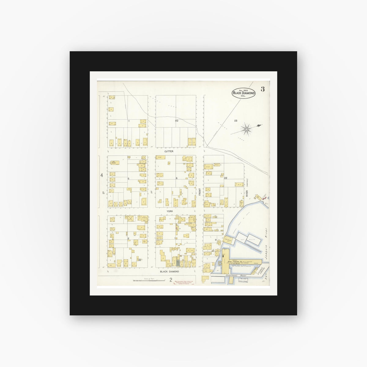 Old map wall art mockup — black gallery frame with white mat — Sanborn Fire Insurance Map from Black Diamond, Contra Costa, California (1903), Sheet #0003