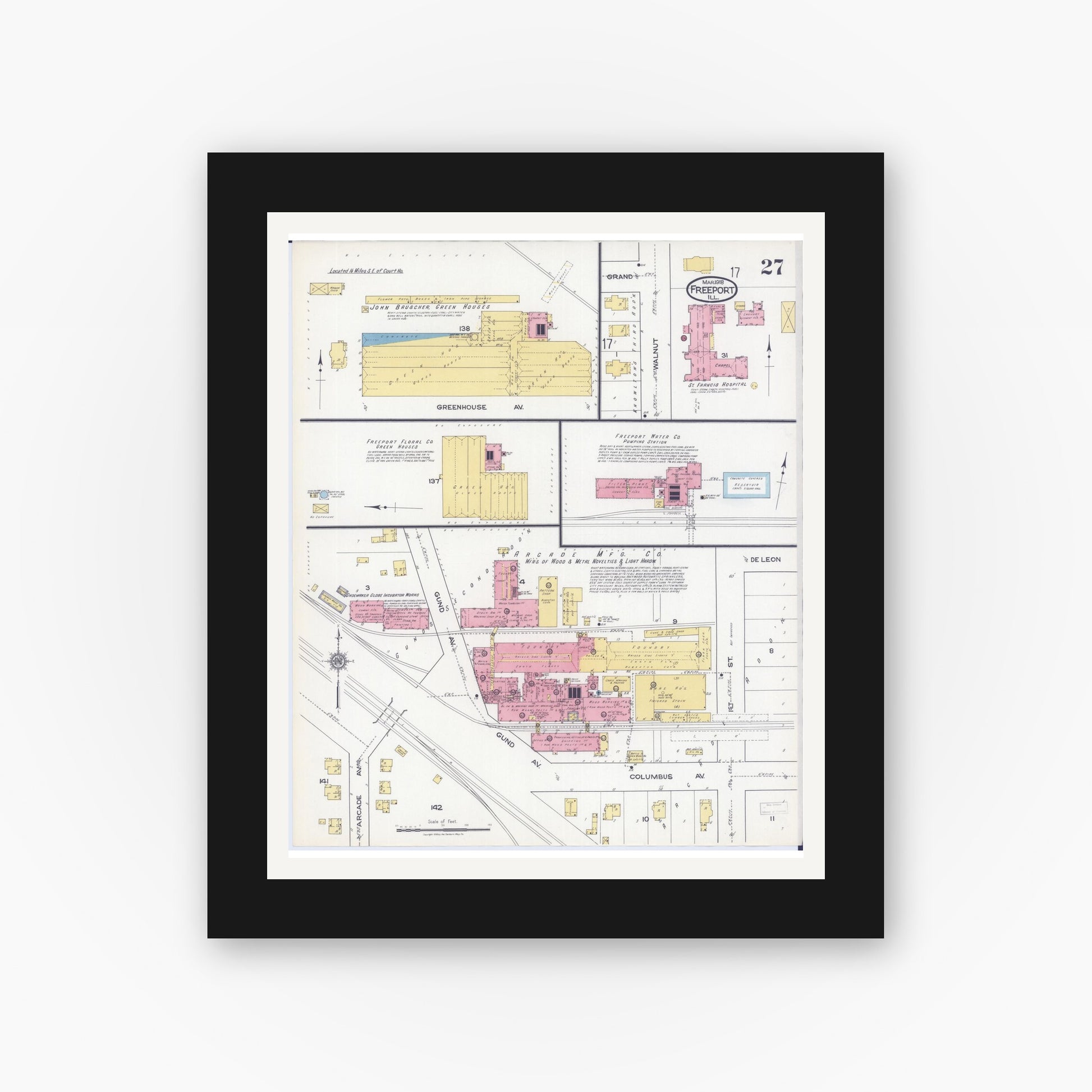 Old map wall art mockup — black gallery frame with white mat — Sanborn Fire Insurance Map from Freeport, Stephenson County, Illinois (1918), Sheet #0027