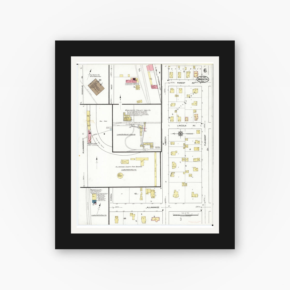 Old map wall art mockup — black gallery frame with white mat — Sanborn Fire Insurance Map from Waukon, Allamakee County, Iowa (1920), Sheet #0006