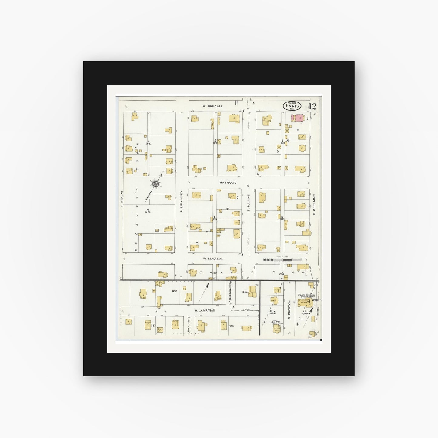 Old map wall art mockup — black gallery frame with white mat — Sanborn Fire Insurance Map from Ennis, Ellis County, Texas (1920), Sheet #0012