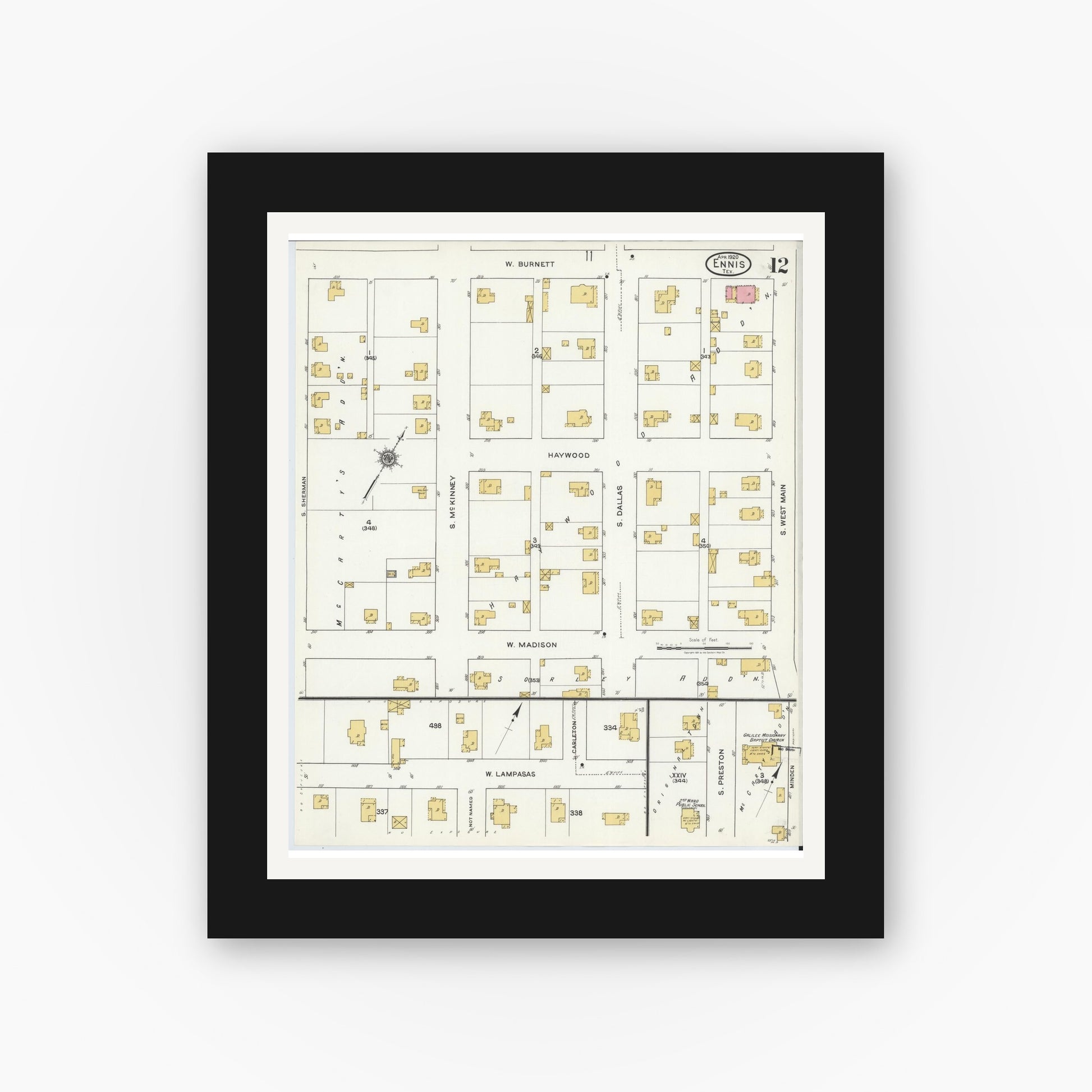 Old map wall art mockup — black gallery frame with white mat — Sanborn Fire Insurance Map from Ennis, Ellis County, Texas (1920), Sheet #0012