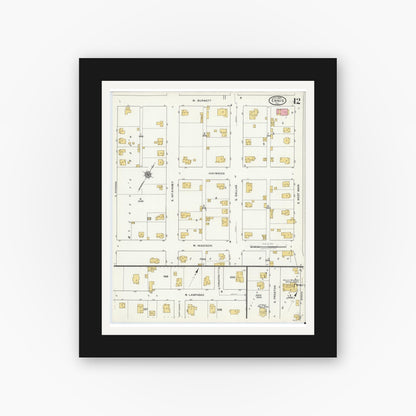 Old map wall art mockup — black gallery frame with white mat — Sanborn Fire Insurance Map from Ennis, Ellis County, Texas (1920), Sheet #0012