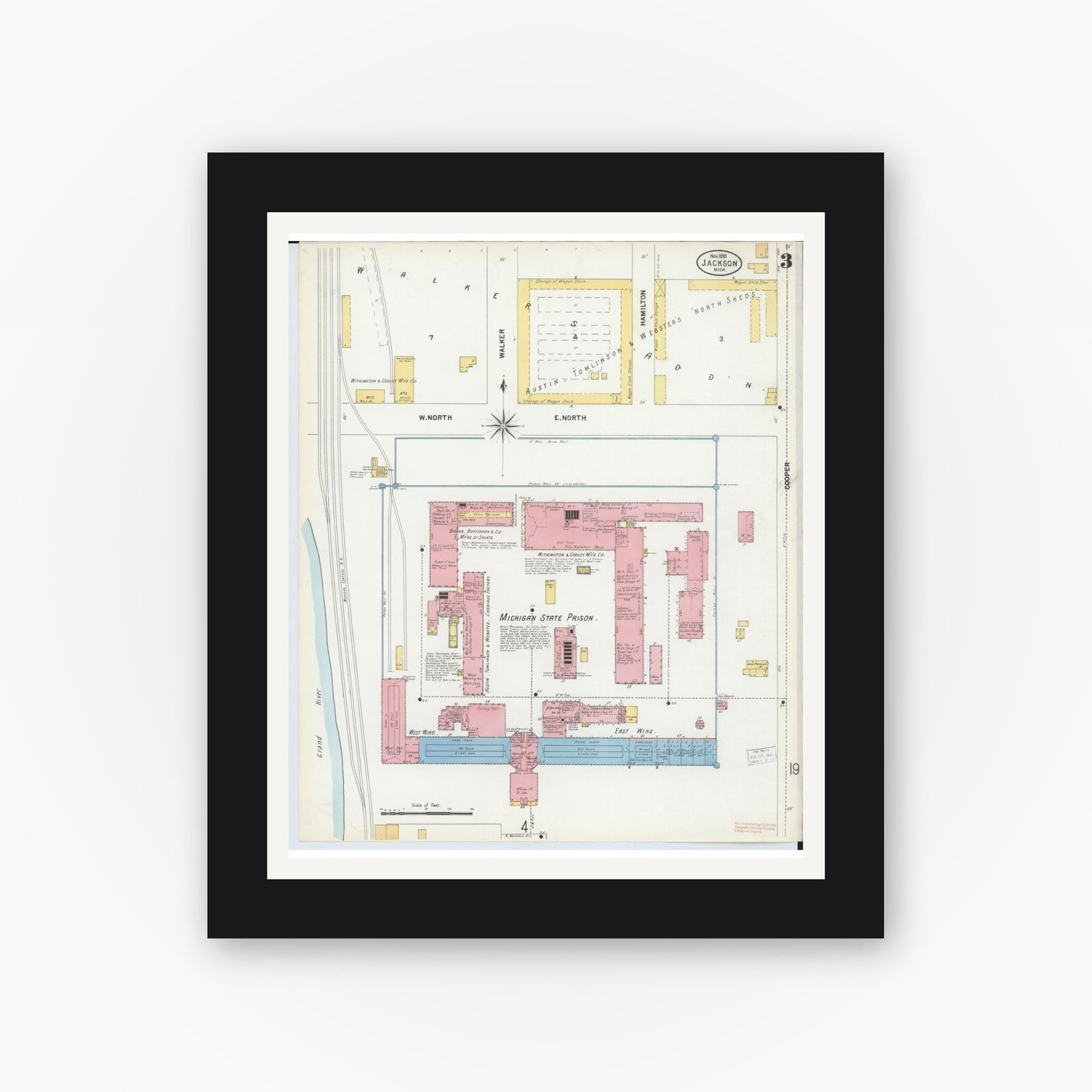 Old map wall art mockup — black gallery frame with white mat — Sanborn Fire Insurance Map from Jackson, Jackson County, Michigan (1899), Sheet #0003