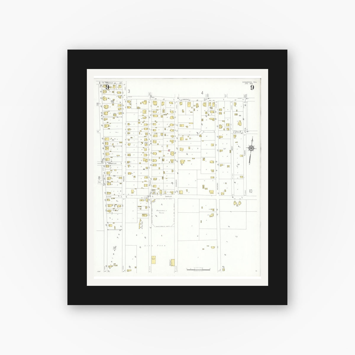 Old map wall art mockup — black gallery frame with white mat — Sanborn Fire Insurance Map from Commerce, Hunt County, Texas (1933), Sheet #0009