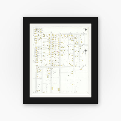 Old map wall art mockup — black gallery frame with white mat — Sanborn Fire Insurance Map from Commerce, Hunt County, Texas (1933), Sheet #0009