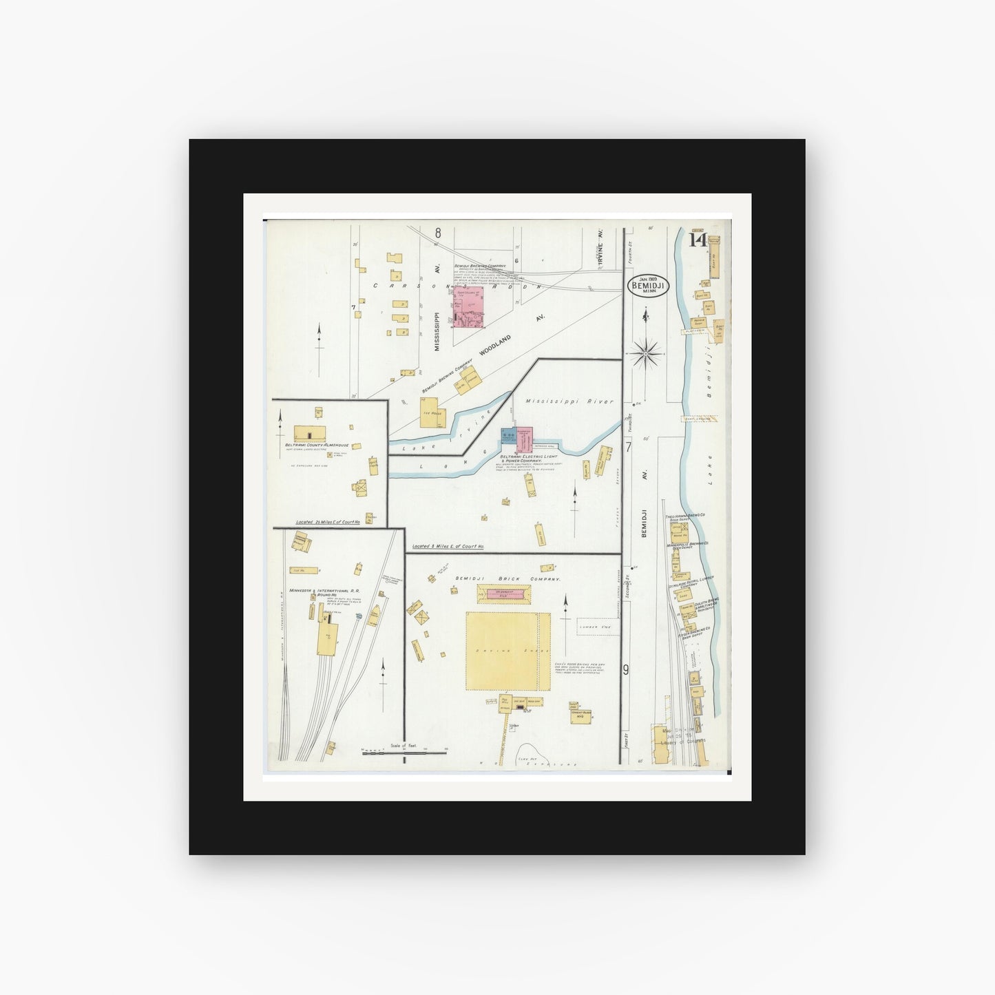 Old map wall art mockup — black gallery frame with white mat — Sanborn Fire Insurance Map from Bemidji, Beltrami County, Minnesota (1909), Sheet #0014