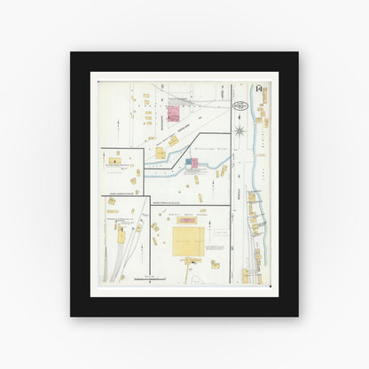 Old map wall art mockup — black gallery frame with white mat — Sanborn Fire Insurance Map from Bemidji, Beltrami County, Minnesota (1909), Sheet #0014