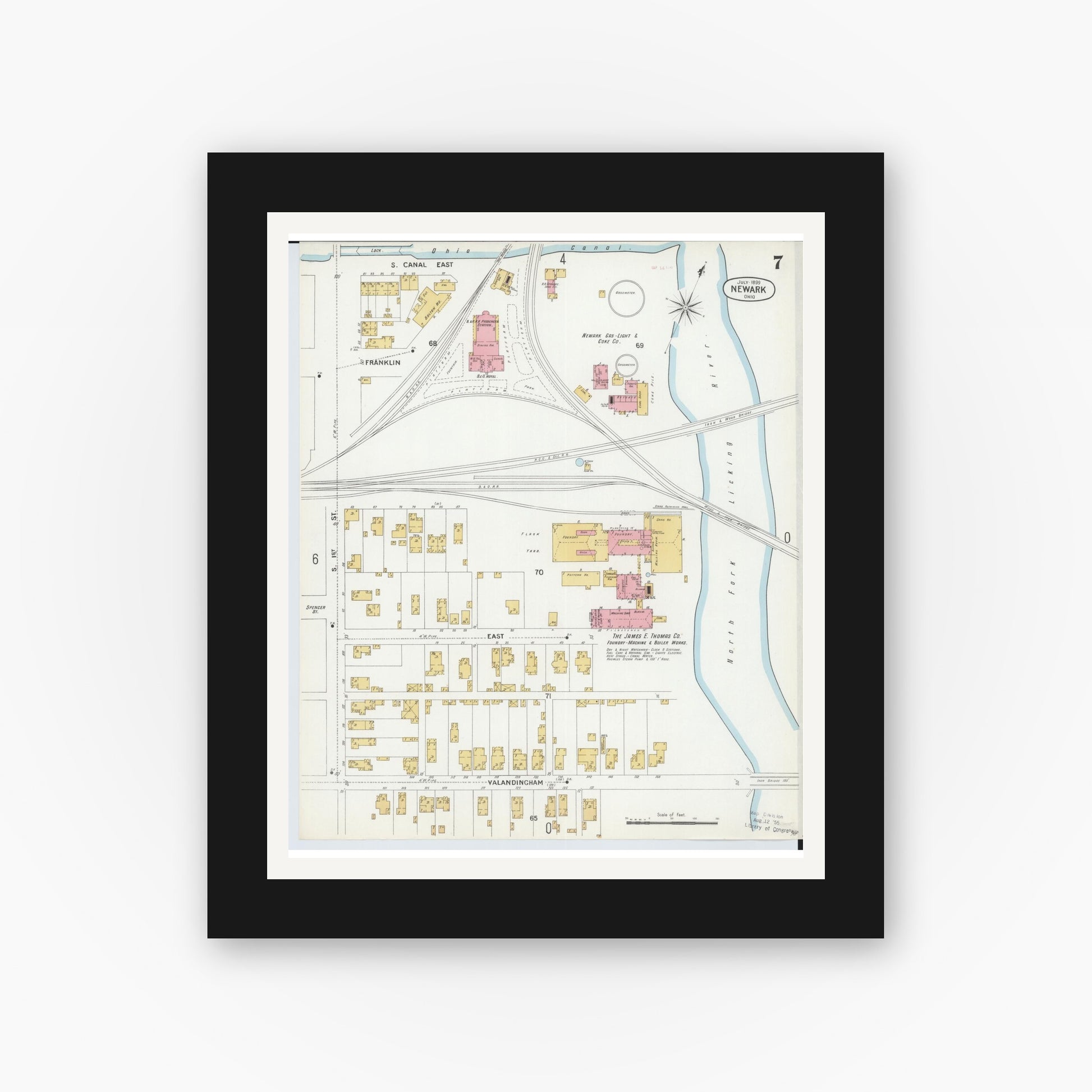 Old map wall art mockup — black gallery frame with white mat — Sanborn Fire Insurance Map from Newark, Licking County, Ohio (1899), Sheet #0007