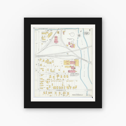 Old map wall art mockup — black gallery frame with white mat — Sanborn Fire Insurance Map from Newark, Licking County, Ohio (1899), Sheet #0007