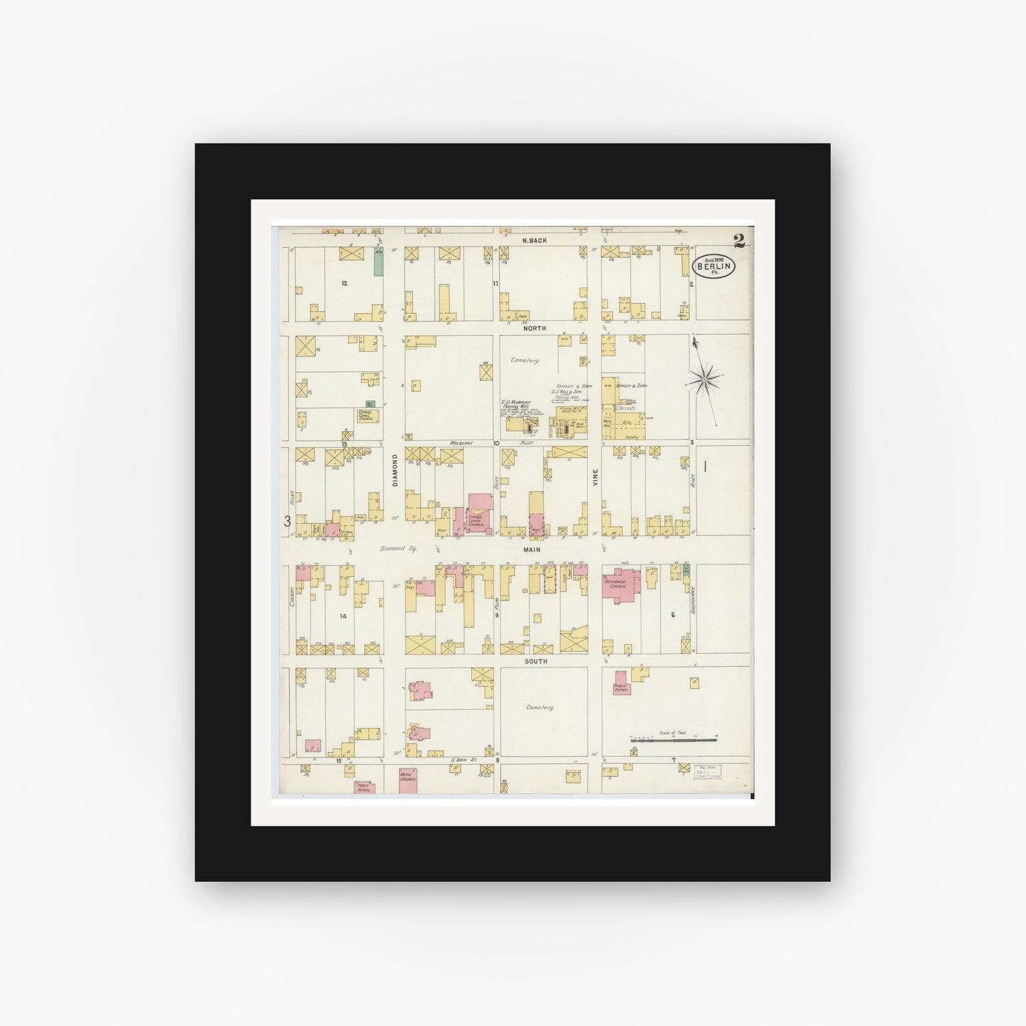 Old map wall art mockup — black gallery frame with white mat — Sanborn Fire Insurance Map from Berlin, Somerset County, Pennsylvania (1898), Sheet #0002