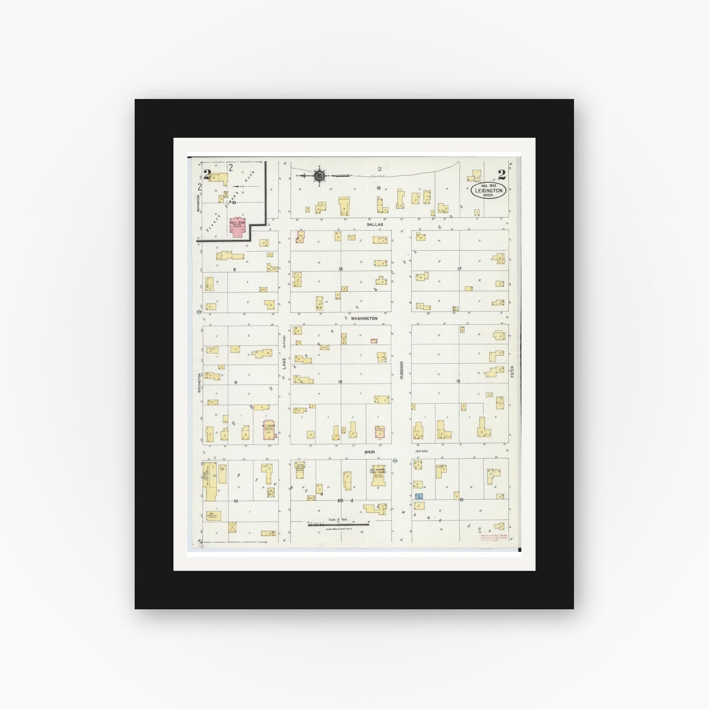 Old map wall art mockup — black gallery frame with white mat — Sanborn Fire Insurance Map from Lexington, Sanilac County, Michigan (1924), Sheet #0002