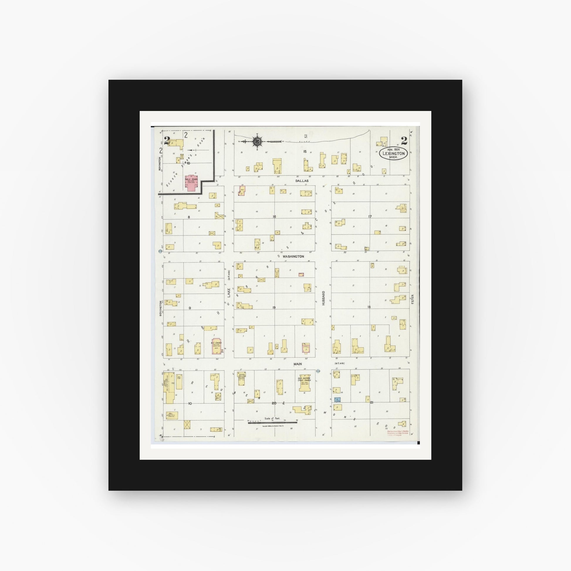 Old map wall art mockup — black gallery frame with white mat — Sanborn Fire Insurance Map from Lexington, Sanilac County, Michigan (1924), Sheet #0002