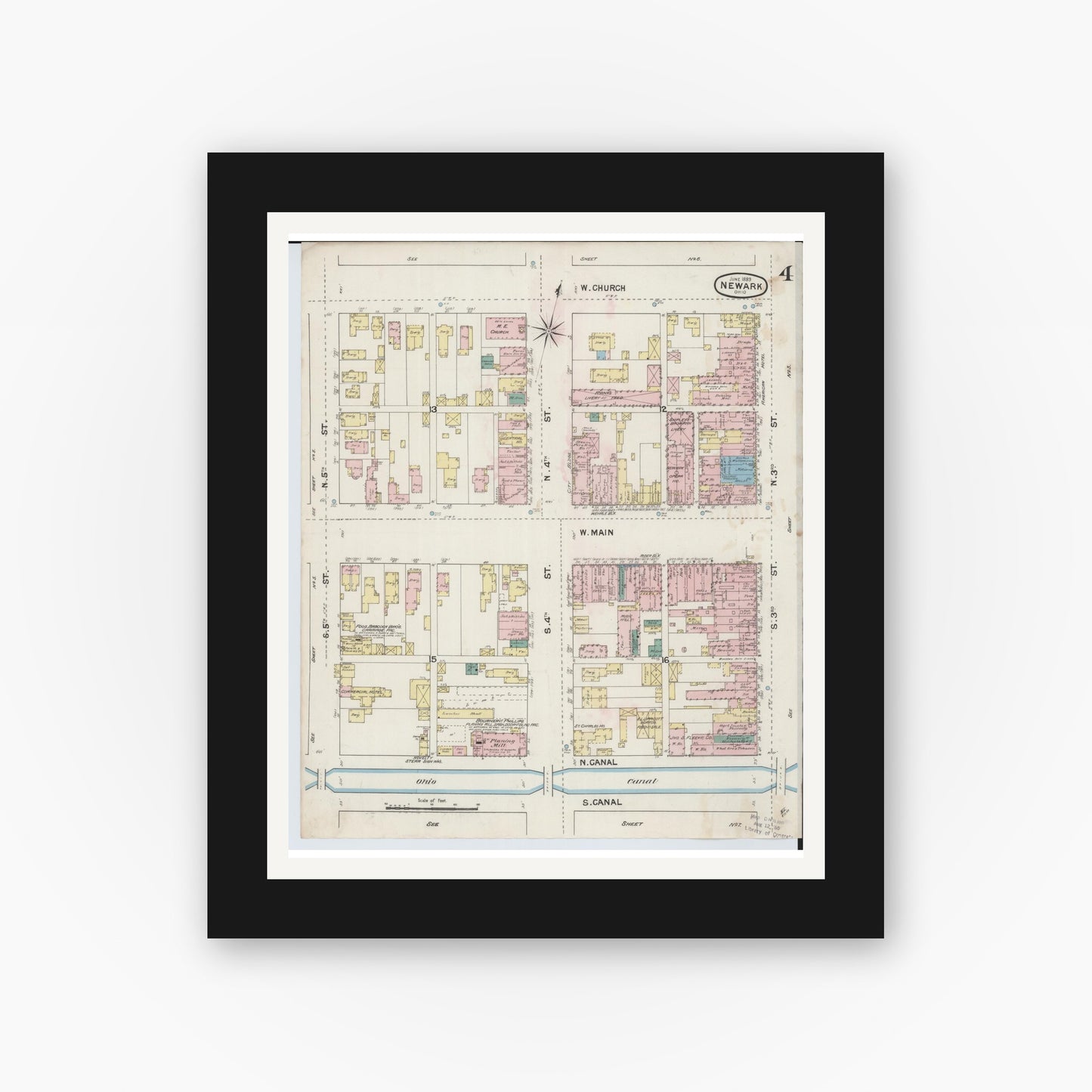 Old map wall art mockup — black gallery frame with white mat — Sanborn Fire Insurance Map from Newark, Licking County, Ohio (1889), Sheet #0004