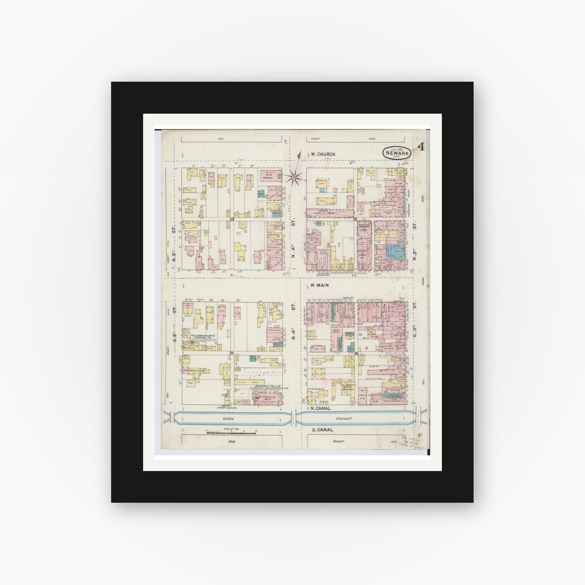 Old map wall art mockup — black gallery frame with white mat — Sanborn Fire Insurance Map from Newark, Licking County, Ohio (1889), Sheet #0004