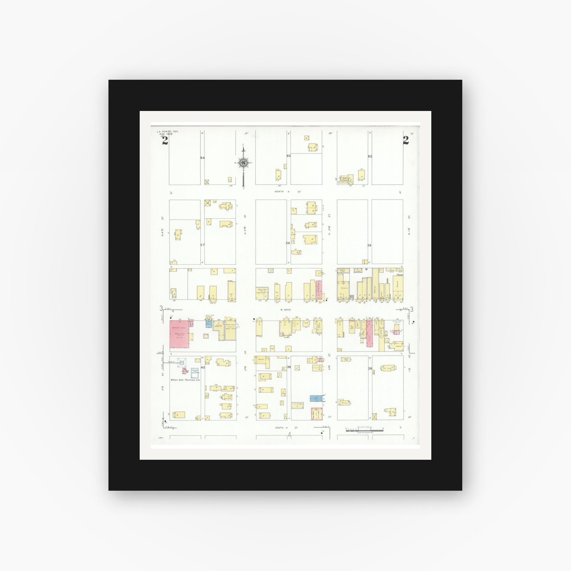 Old map wall art mockup — black gallery frame with white mat — Sanborn Fire Insurance Map from La Porte, Harris County, Texas (1939), Sheet #0002