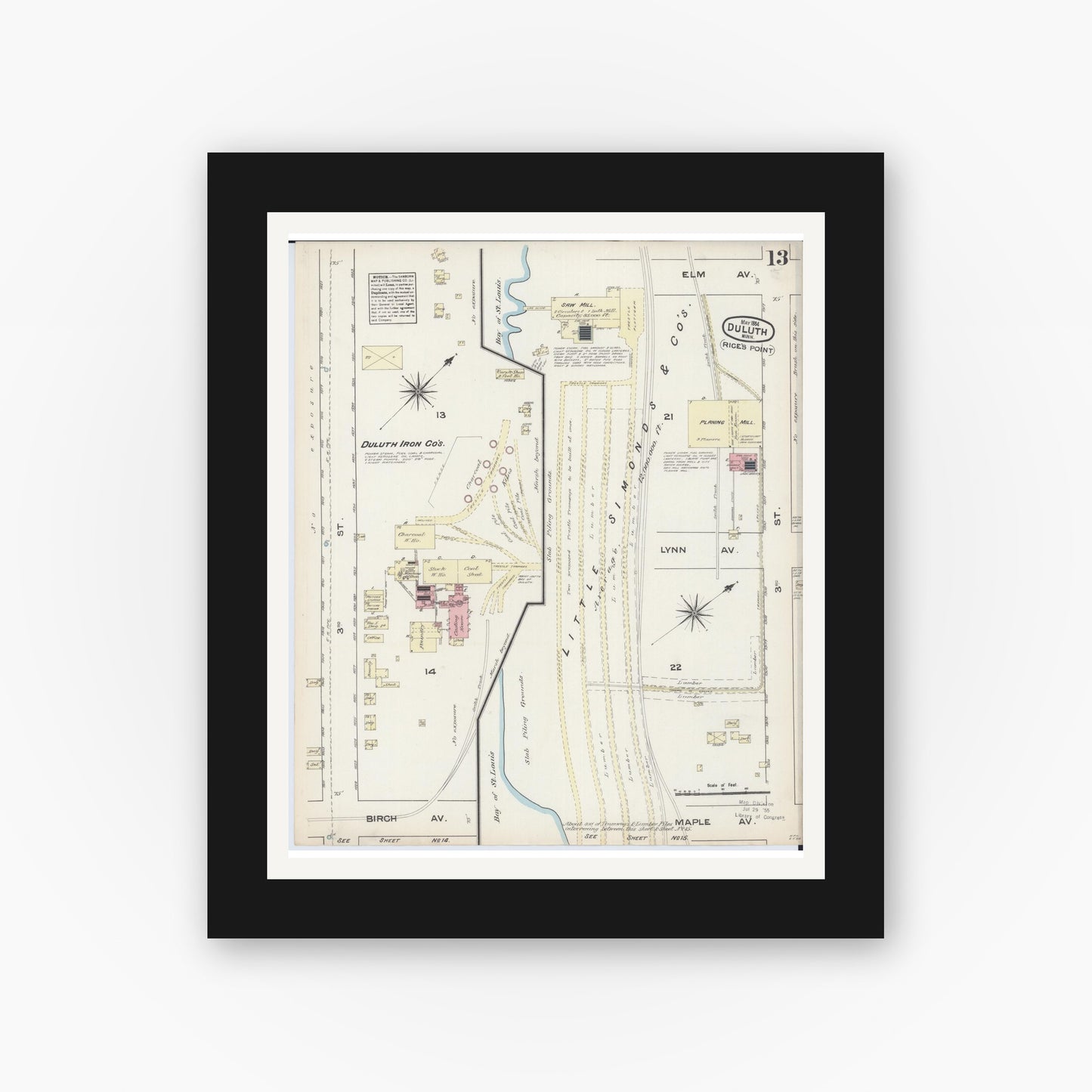 Old map wall art mockup — black gallery frame with white mat — Sanborn Fire Insurance Map from Duluth, Saint Louis County, Minnesota (1884), Sheet #0013