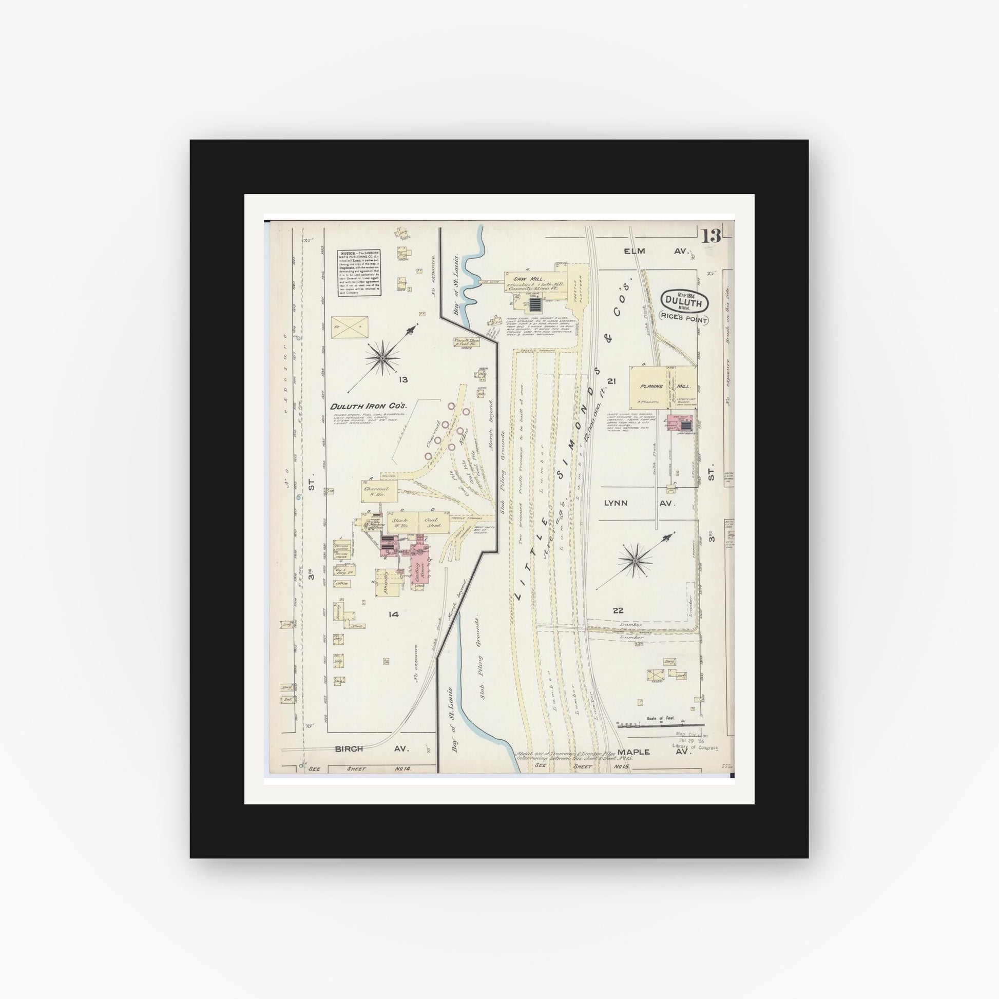 Old map wall art mockup — black gallery frame with white mat — Sanborn Fire Insurance Map from Duluth, Saint Louis County, Minnesota (1884), Sheet #0013