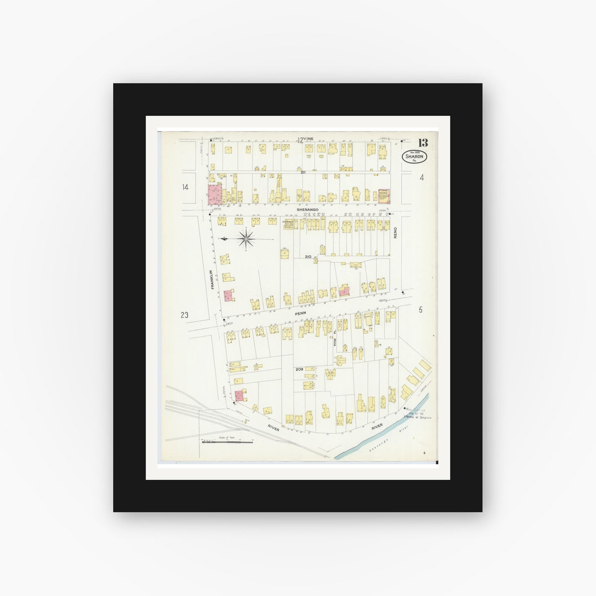 Old map wall art mockup — black gallery frame with white mat — Sanborn Fire Insurance Map from Sharon, Mercer County, Pennsylvania (1908), Sheet #0013