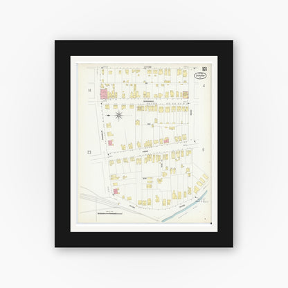 Old map wall art mockup — black gallery frame with white mat — Sanborn Fire Insurance Map from Sharon, Mercer County, Pennsylvania (1908), Sheet #0013