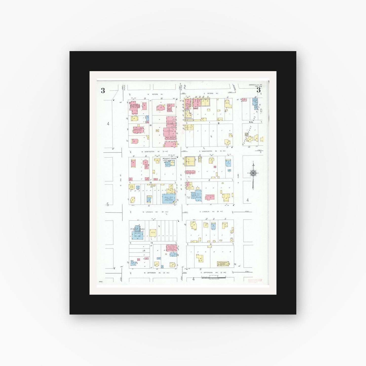 Old map wall art mockup — black gallery frame with white mat — Sanborn Fire Insurance Map from Owensville, Gasconade County, Missouri (1949), Sheet #0003