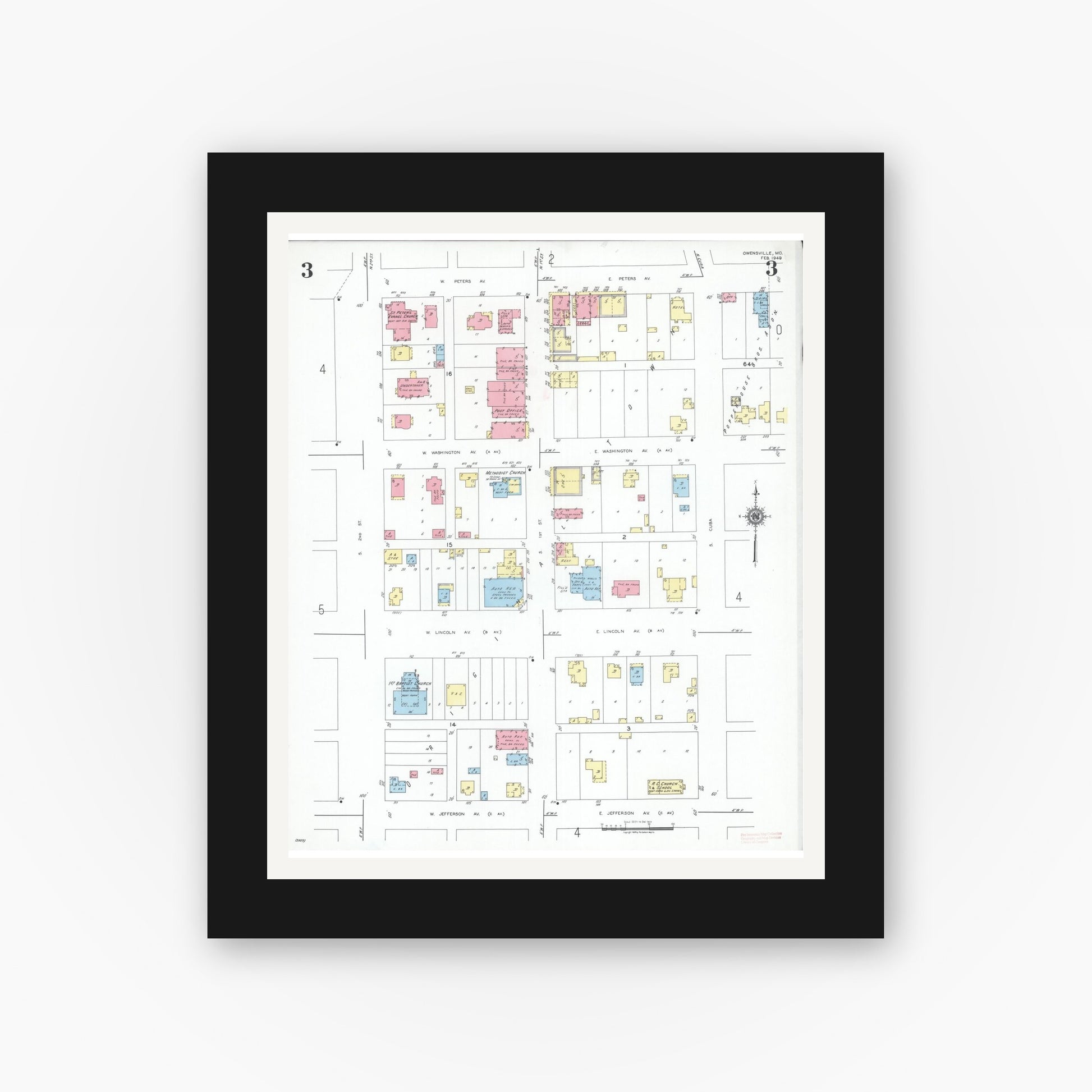 Old map wall art mockup — black gallery frame with white mat — Sanborn Fire Insurance Map from Owensville, Gasconade County, Missouri (1949), Sheet #0003