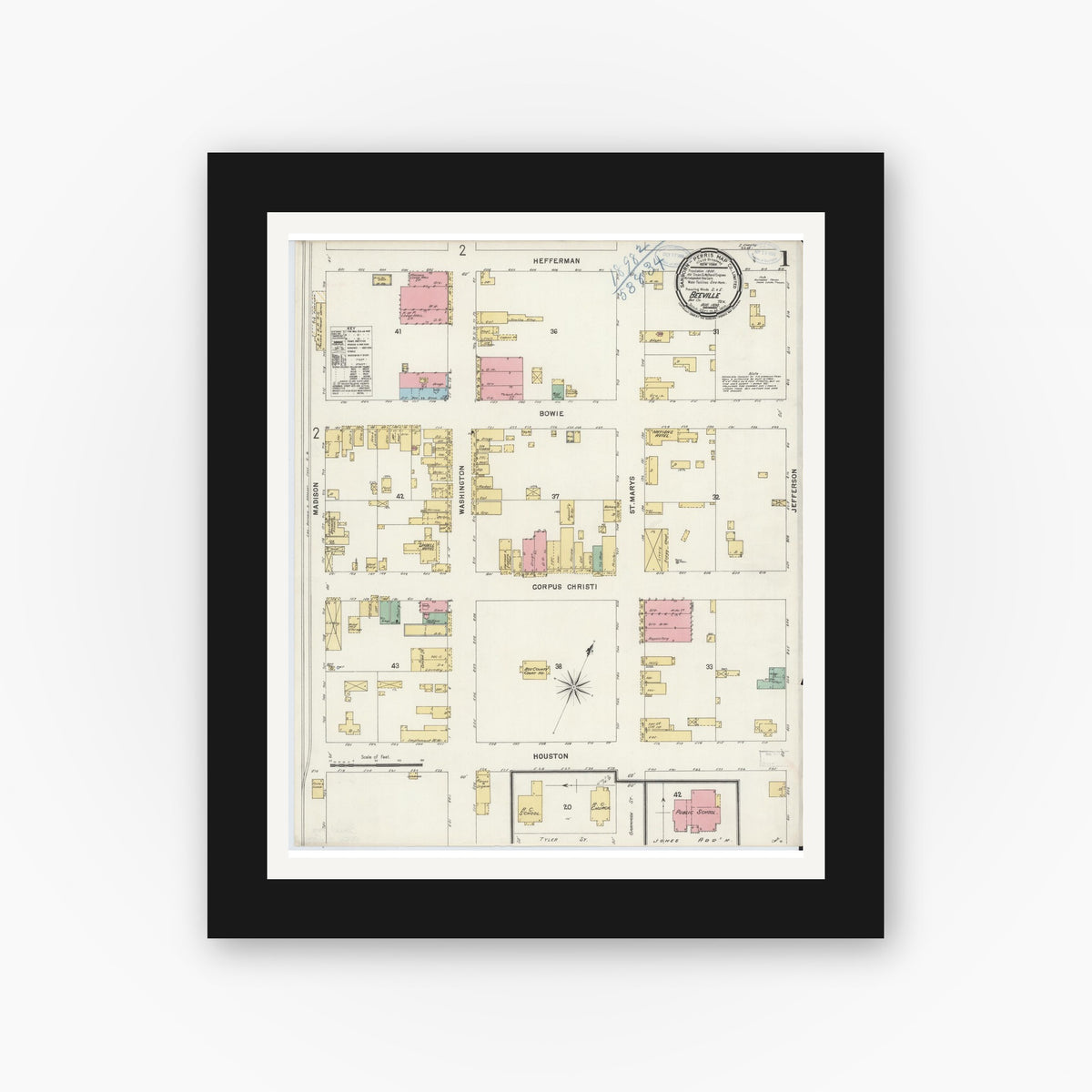 Old map wall art mockup — black gallery frame with white mat — Sanborn Fire Insurance Map from Beeville, Bee County, Texas (1898) - Complete Map Set