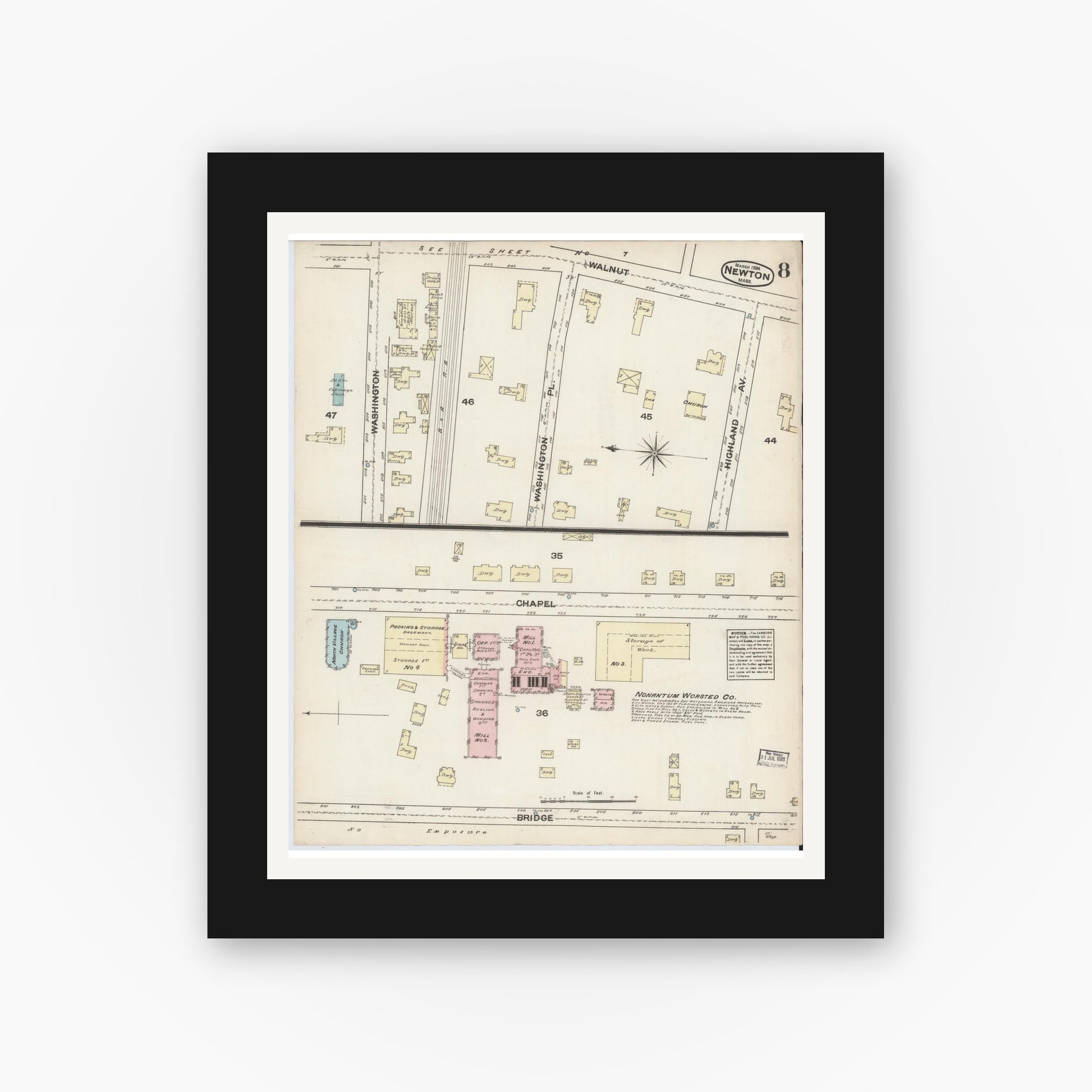 Old map wall art mockup — black gallery frame with white mat — Sanborn Fire Insurance Map from Newton, Middlesex County, Massachusetts (1884), Sheet #0008