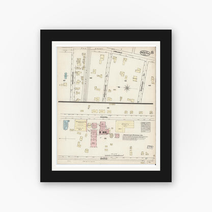 Old map wall art mockup — black gallery frame with white mat — Sanborn Fire Insurance Map from Newton, Middlesex County, Massachusetts (1884), Sheet #0008