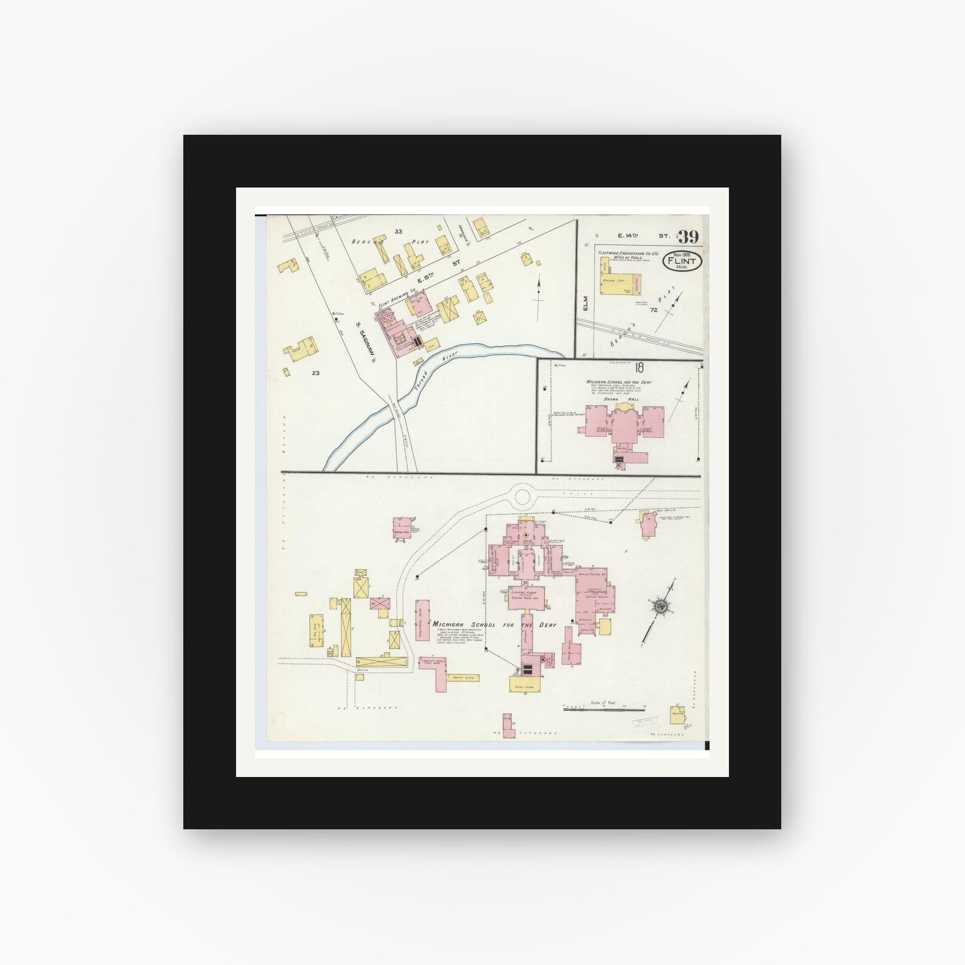 Old map wall art mockup — black gallery frame with white mat — Sanborn Fire Insurance Map from Flint, Genesee County, Michigan (1909), Sheet #0039