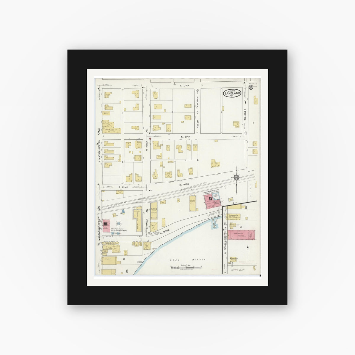 Old map wall art mockup — black gallery frame with white mat — Sanborn Fire Insurance Map from Lakeland, Polk County, Florida (1917), Sheet #0008