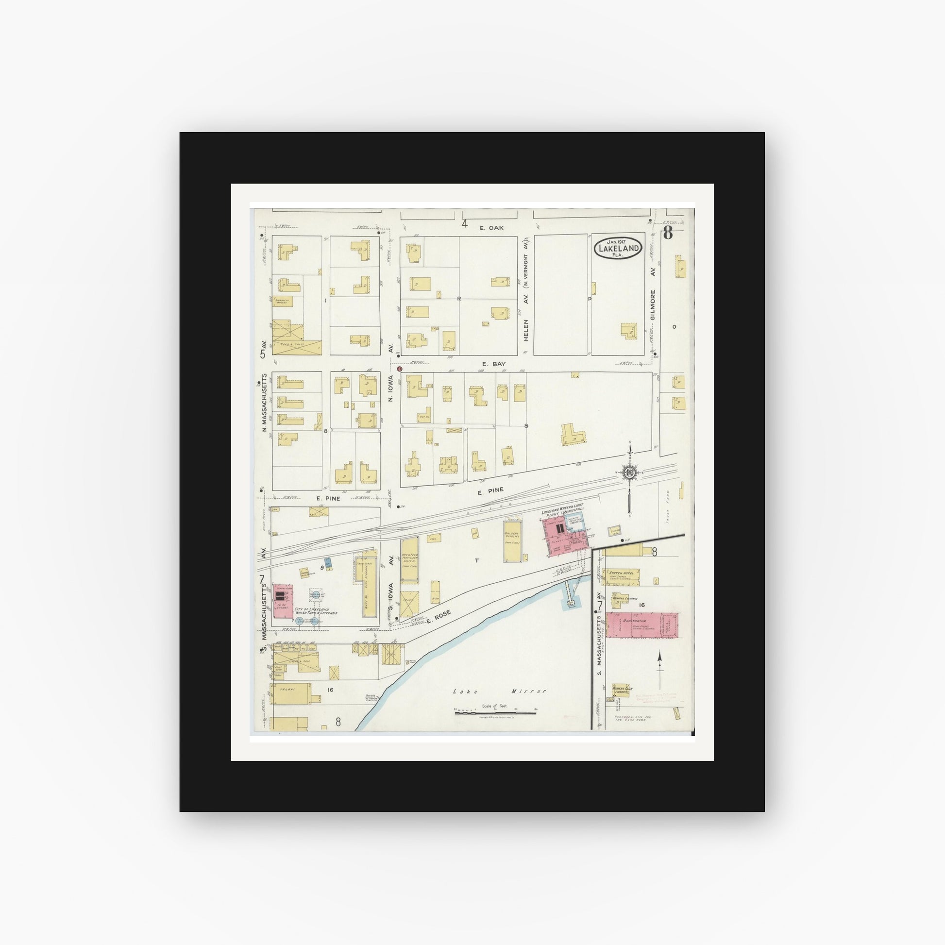 Old map wall art mockup — black gallery frame with white mat — Sanborn Fire Insurance Map from Lakeland, Polk County, Florida (1917), Sheet #0008
