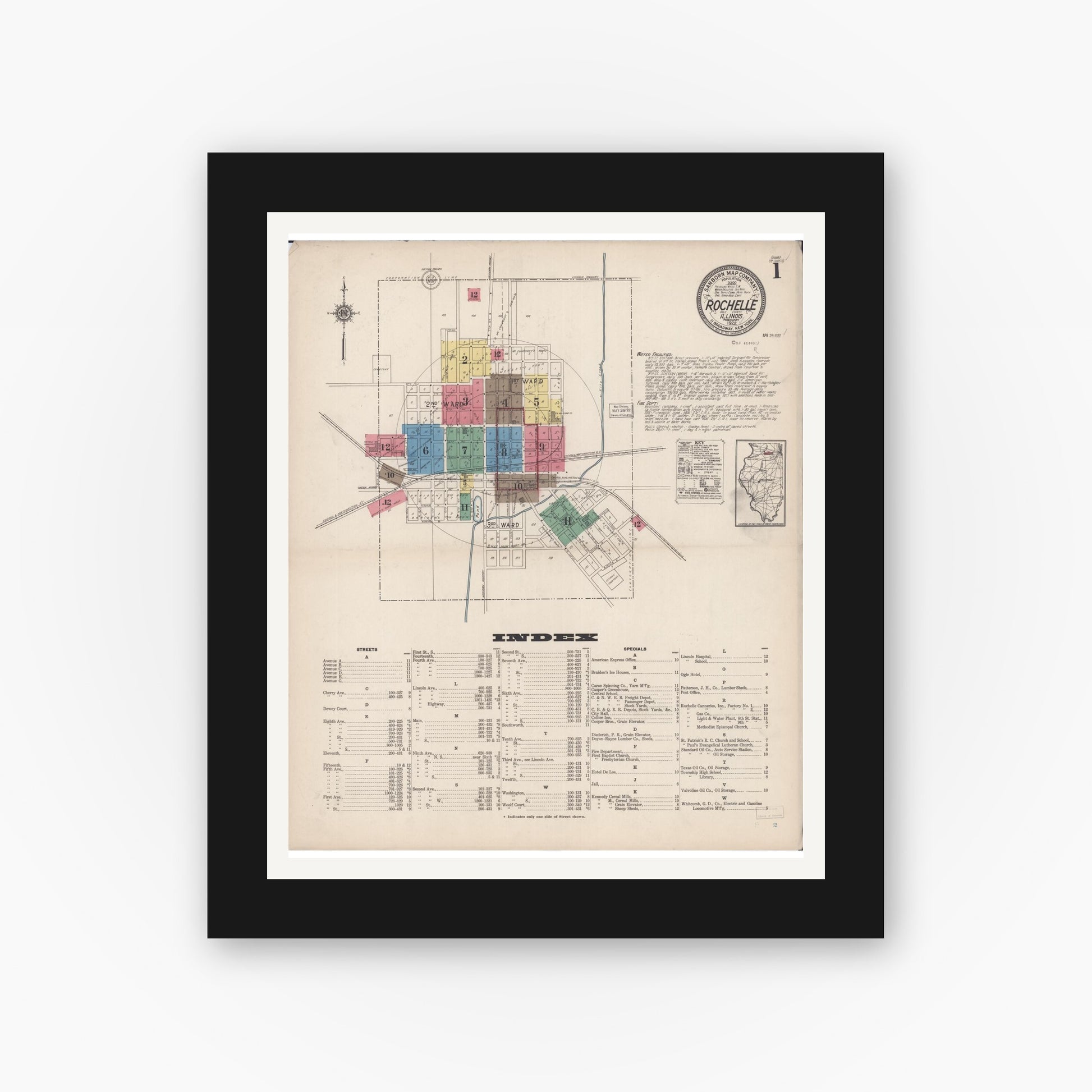 Old map wall art mockup — black gallery frame with white mat — Sanborn Fire Insurance Map from Rochelle, Ogle County, Illinois (1922), Sheet #0001