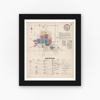 Old map wall art mockup — black gallery frame with white mat — Sanborn Fire Insurance Map from Rochelle, Ogle County, Illinois (1922), Sheet #0001