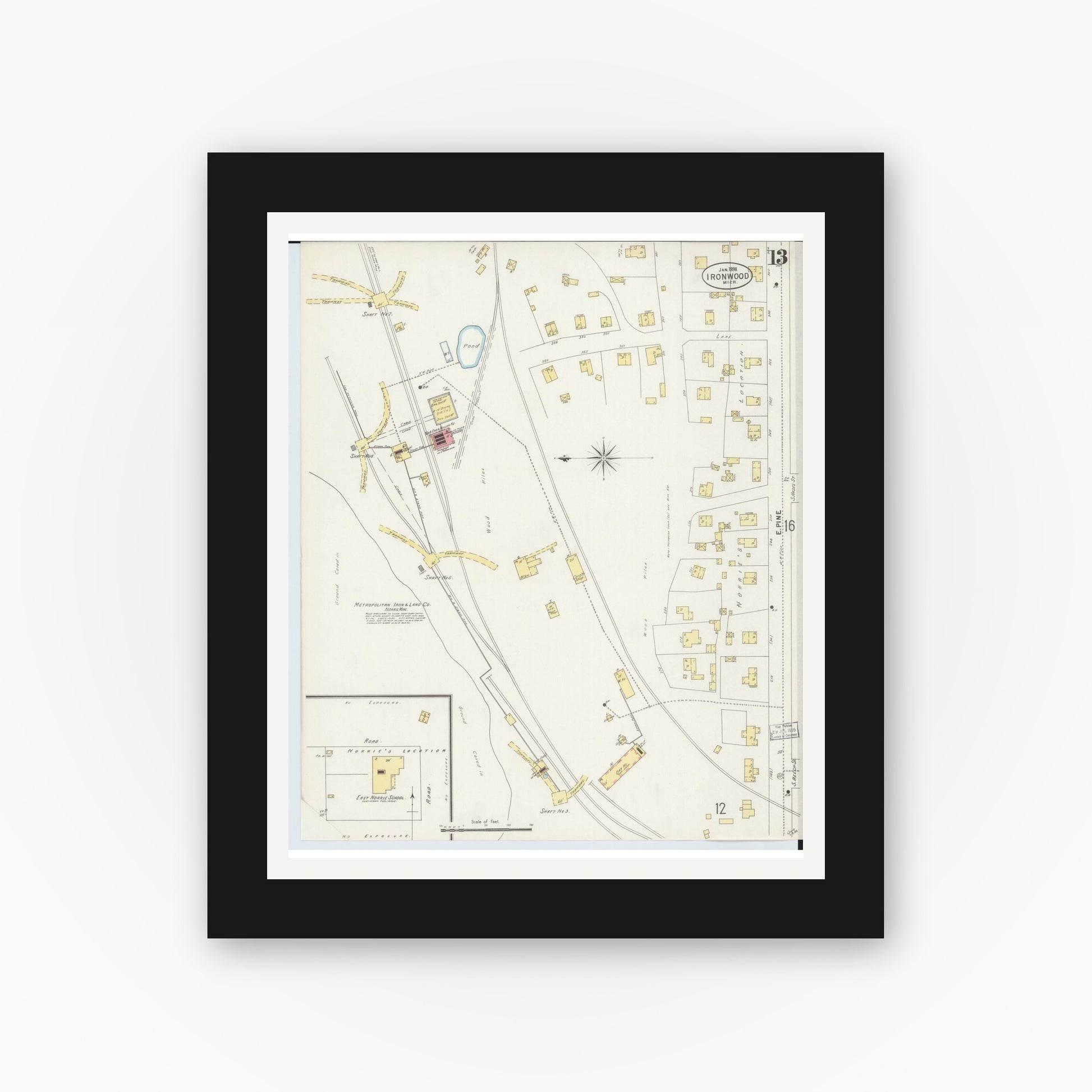 Old map wall art mockup — black gallery frame with white mat — Sanborn Fire Insurance Map from Ironwood, Gogebic County, Michigan (1898), Sheet #0013