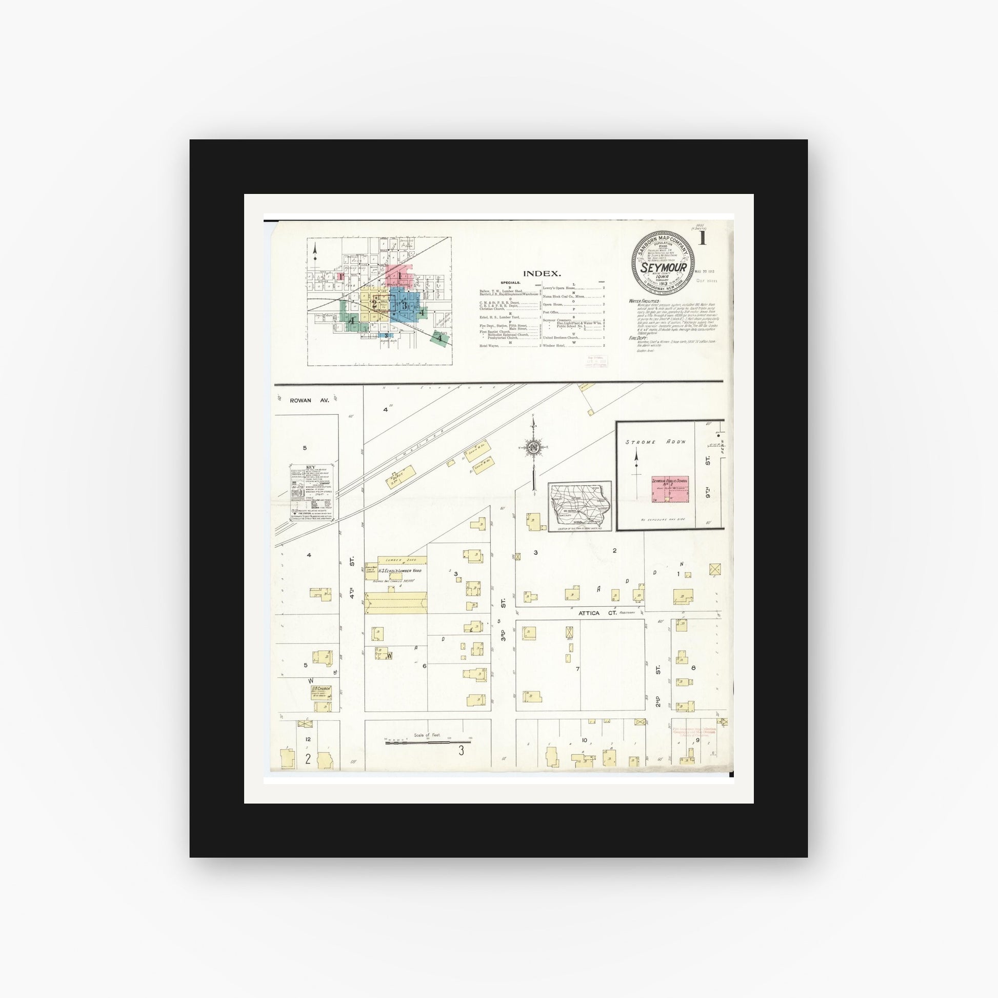 Old map wall art mockup — black gallery frame with white mat — Sanborn Fire Insurance Map from Seymour, Wayne County, Iowa (1913) â€” Complete Set