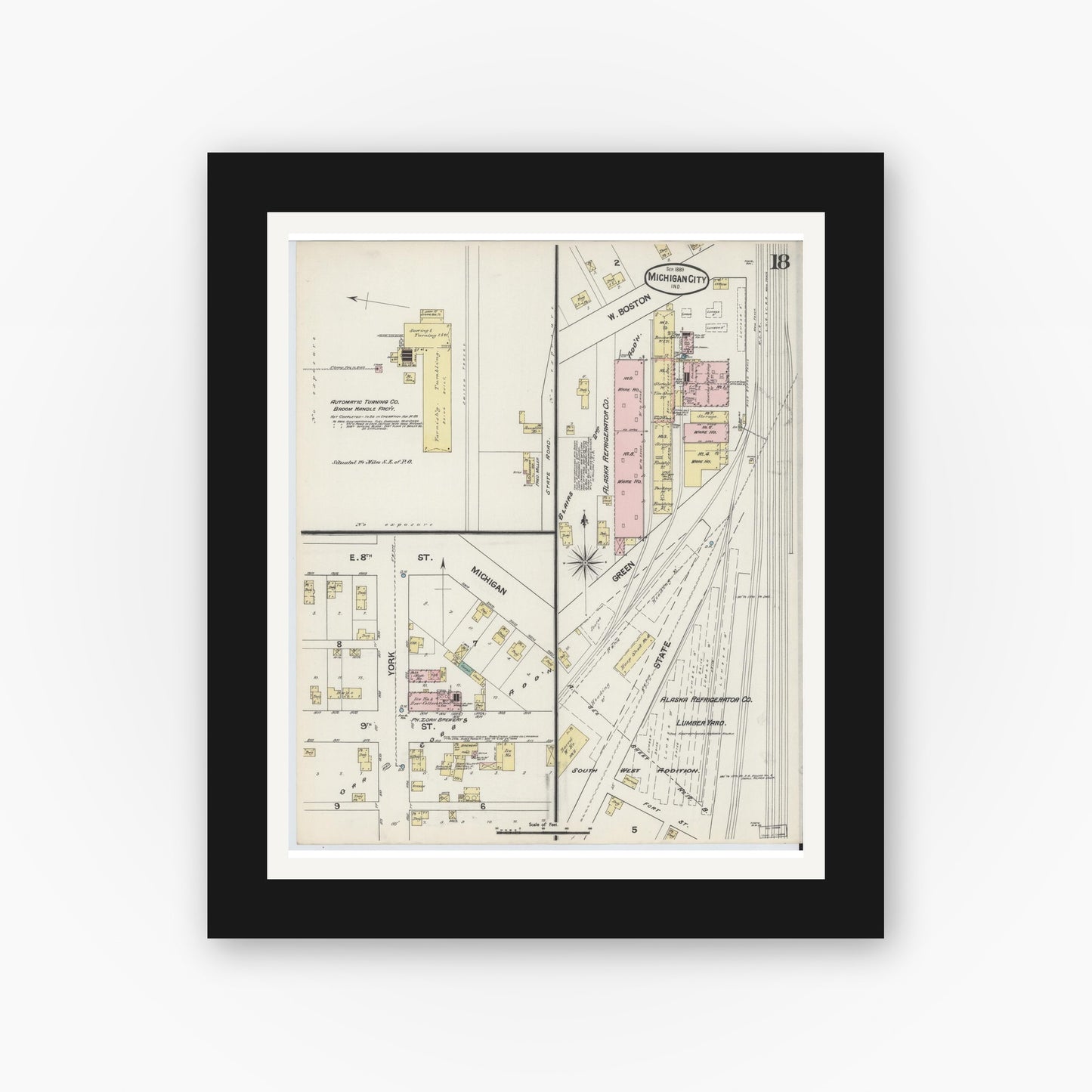 Old map wall art mockup — black gallery frame with white mat — Sanborn Fire Insurance Map from Michigan City, La Porte County, Indiana (1889), Sheet #0018